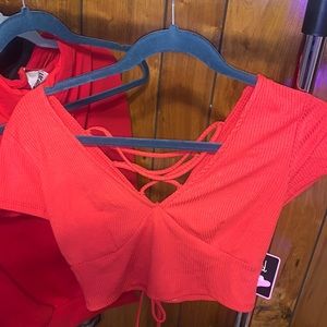 ribbed red tie up crop top